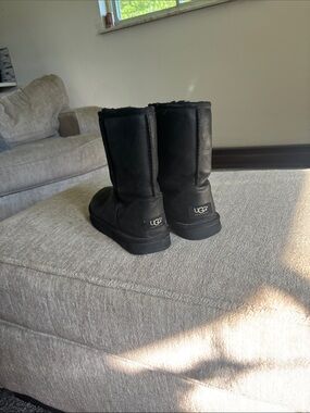 UGG Black Faux Leather Short Classic Shearling Boots